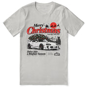 Merry Christmas Retro Car T-Shirt — Silver flat lay