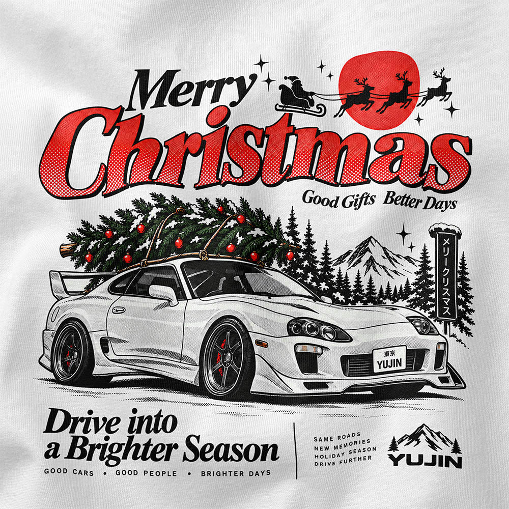Merry Christmas Retro Car T-Shirt — White design closeup