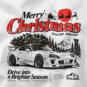 Merry Christmas Retro Car T-Shirt — White design closeup