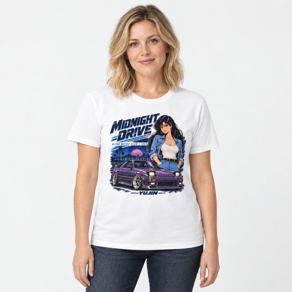 Female model wearing Midnight Drive Car T-Shirt in White