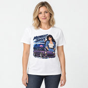 Female model wearing Midnight Drive Car T-Shirt in White