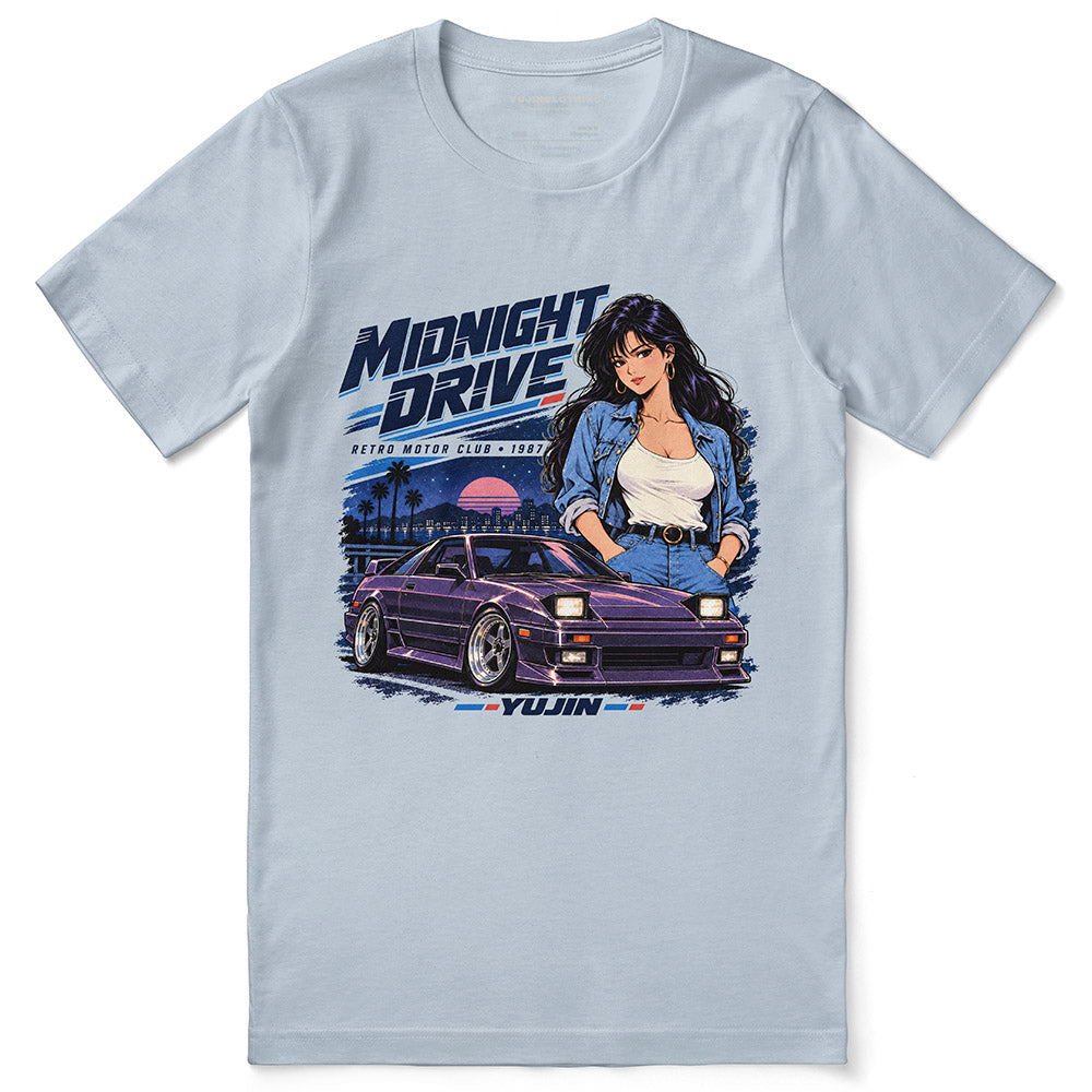 Midnight Drive Car T-Shirt in Light Blue - front flat lay
