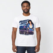 Male model wearing Midnight Drive Car T-Shirt in White