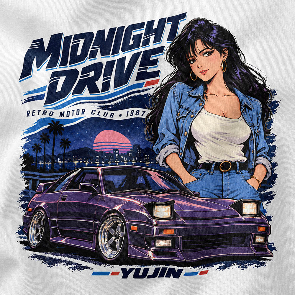 Close-up of Midnight Drive Car T-Shirt artwork on White