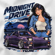 Close-up of Midnight Drive Car T-Shirt artwork on White