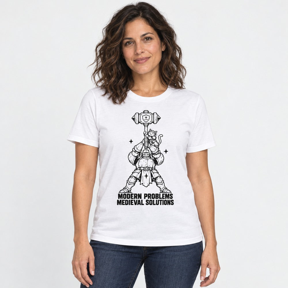 Female model wearing Modern Problems Medieval Solutions Cat T-Shirt in White