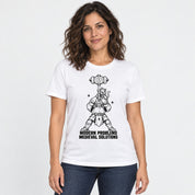 Female model wearing Modern Problems Medieval Solutions Cat T-Shirt in White