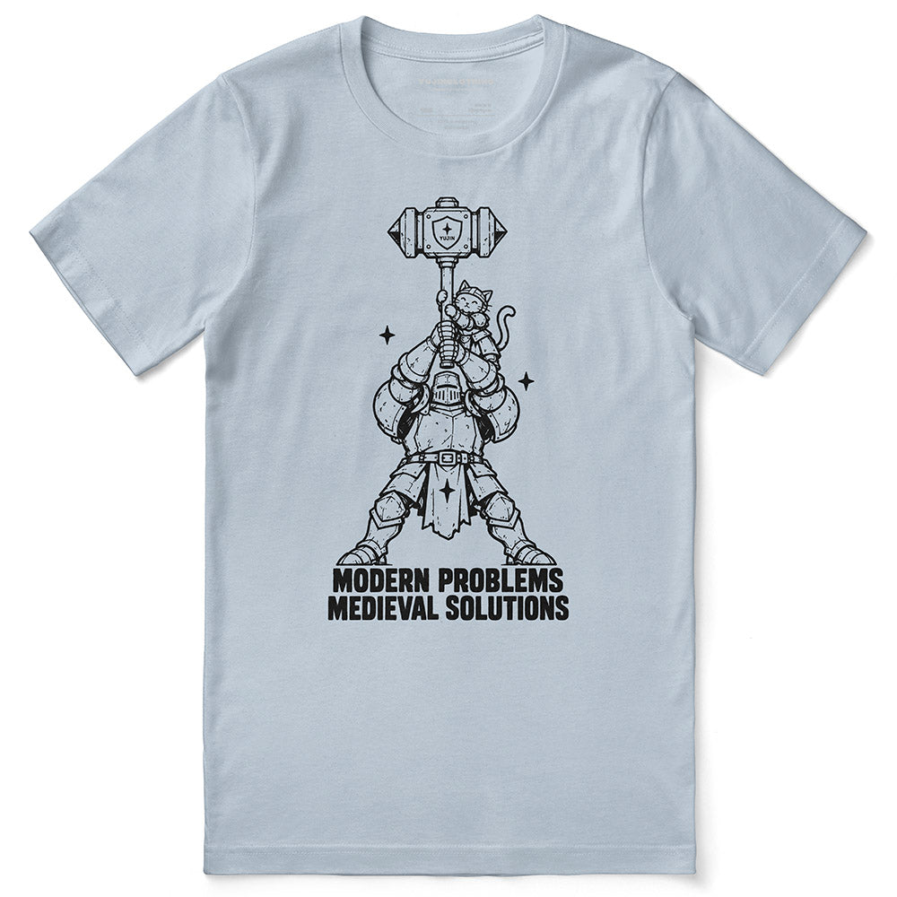 Modern Problems Medieval Solutions Cat T-Shirt in light blue - front flat lay