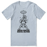 Modern Problems Medieval Solutions Cat T-Shirt in light blue - front flat lay