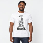 Male model wearing Modern Problems Medieval Solutions Cat T-Shirt in White