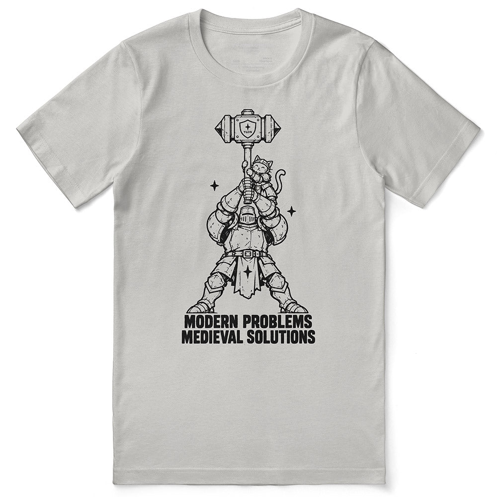 Modern Problems Medieval Solutions Cat T-Shirt in silver - front flat lay