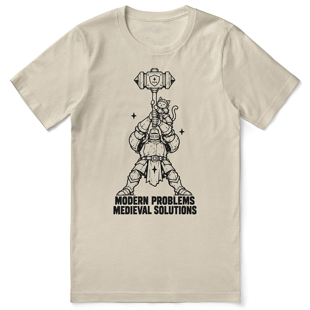 Modern Problems Medieval Solutions Cat T-Shirt in soft cream - front flat lay