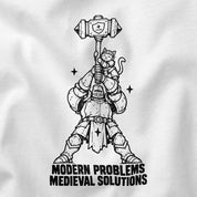 Close-up of Modern Problems Medieval Solutions Cat T-Shirt artwork on White