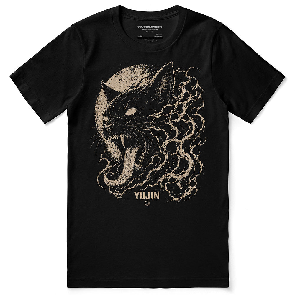 Moonfire Cat T-Shirt — black flat lay