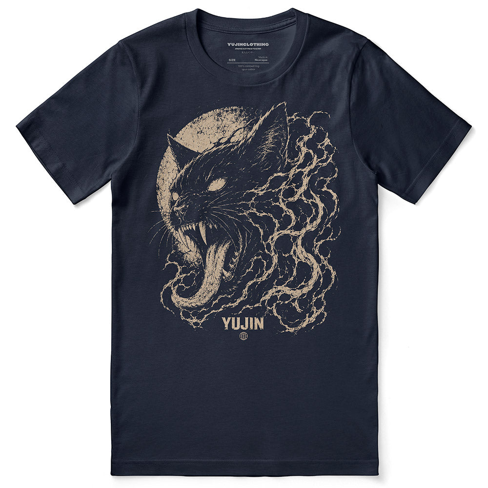 Moonfire Cat T-Shirt — navy flat lay