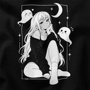 Close-up of Moonlit Nightscape Anime T-Shirt artwork on Black