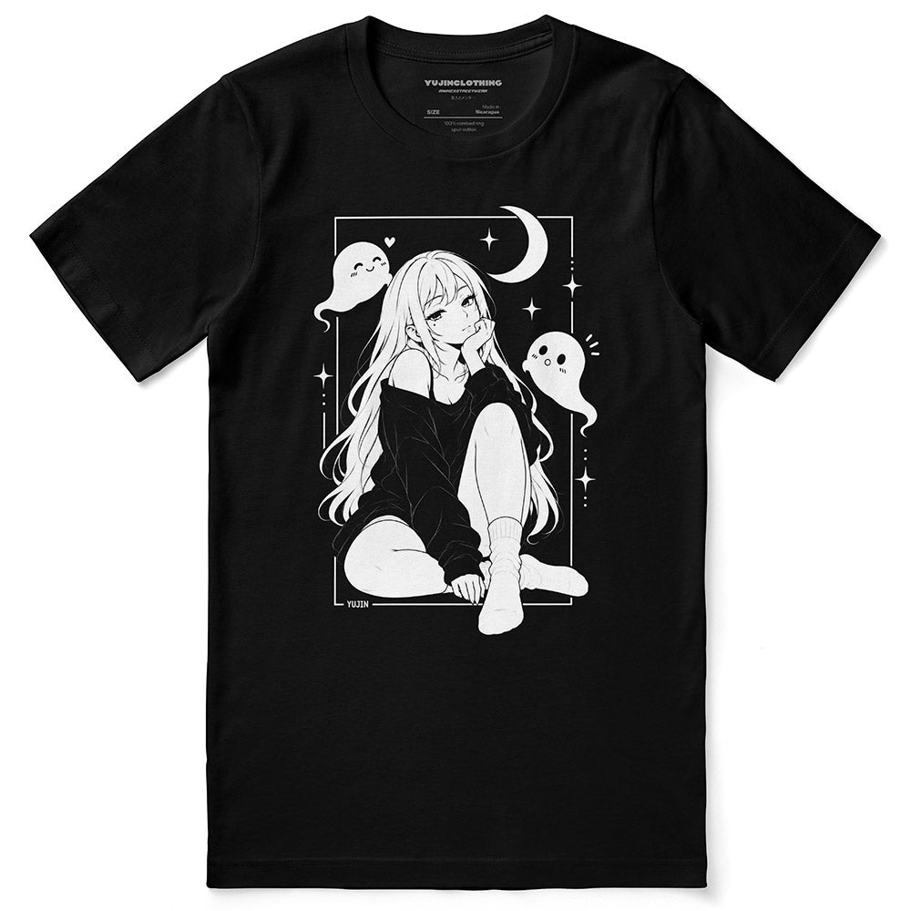 Moonlit Nightscape Anime T-Shirt in Black - front flat lay
