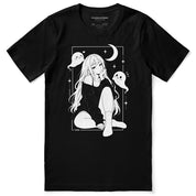 Moonlit Nightscape Anime T-Shirt in Black - front flat lay