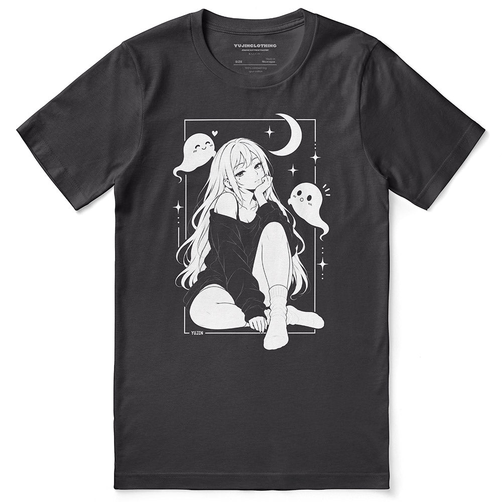 Moonlit Nightscape Anime T-Shirt in Dark Grey - front flat lay