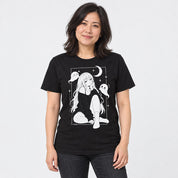 Female model wearing Moonlit Nightscape Anime T-Shirt in Black