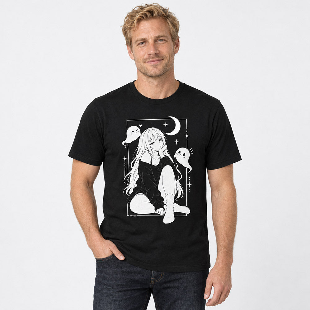 Male model wearing Moonlit Nightscape Anime T-Shirt in Black