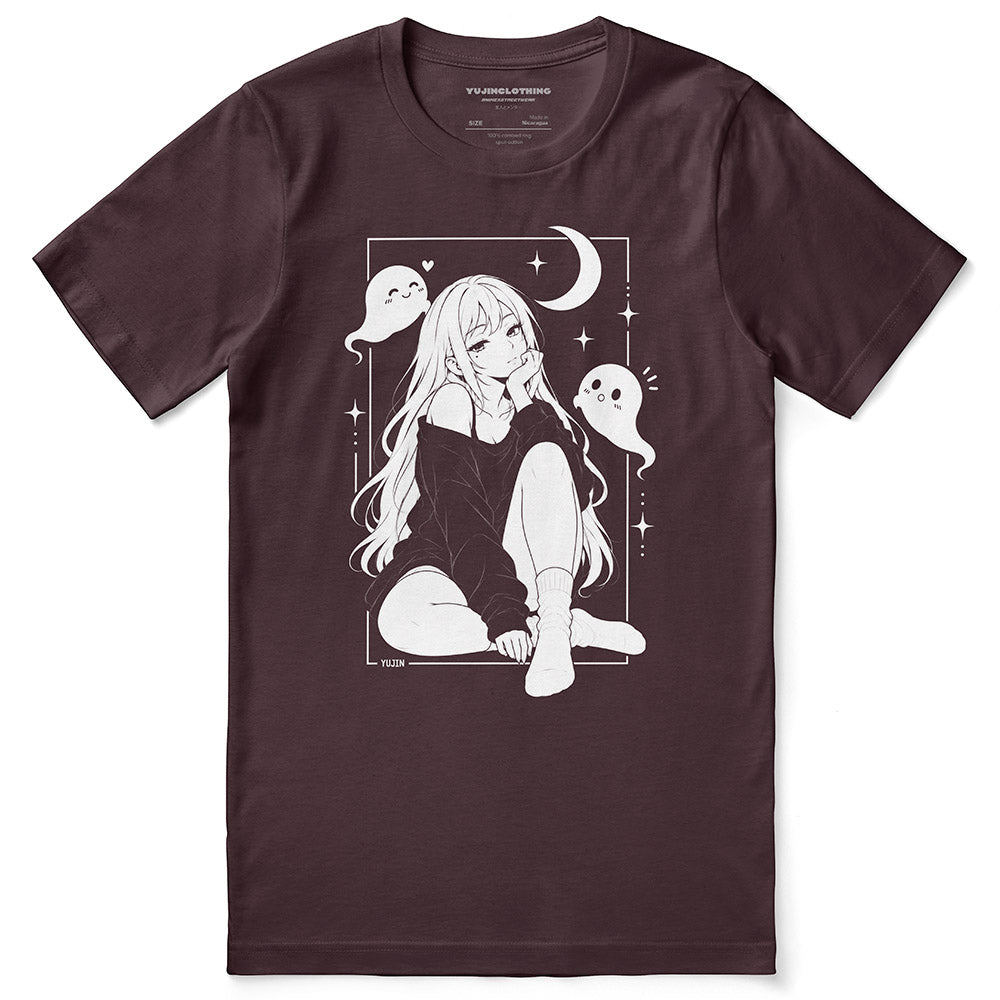 Moonlit Nightscape Anime T-Shirt in Maroon - front flat lay