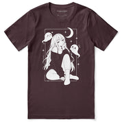 Moonlit Nightscape Anime T-Shirt in Maroon - front flat lay