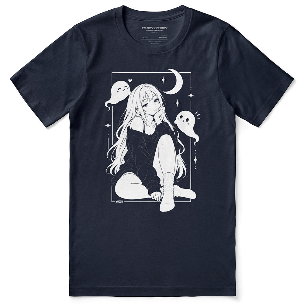 Moonlit Nightscape Anime T-Shirt in Navy - front flat lay