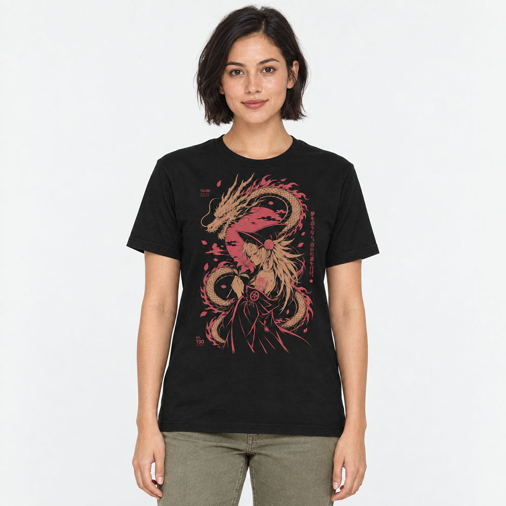 Female model wearing Moonlit Pact Dragon T-Shirt in Black