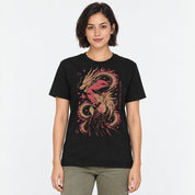 Female model wearing Moonlit Pact Dragon T-Shirt in Black