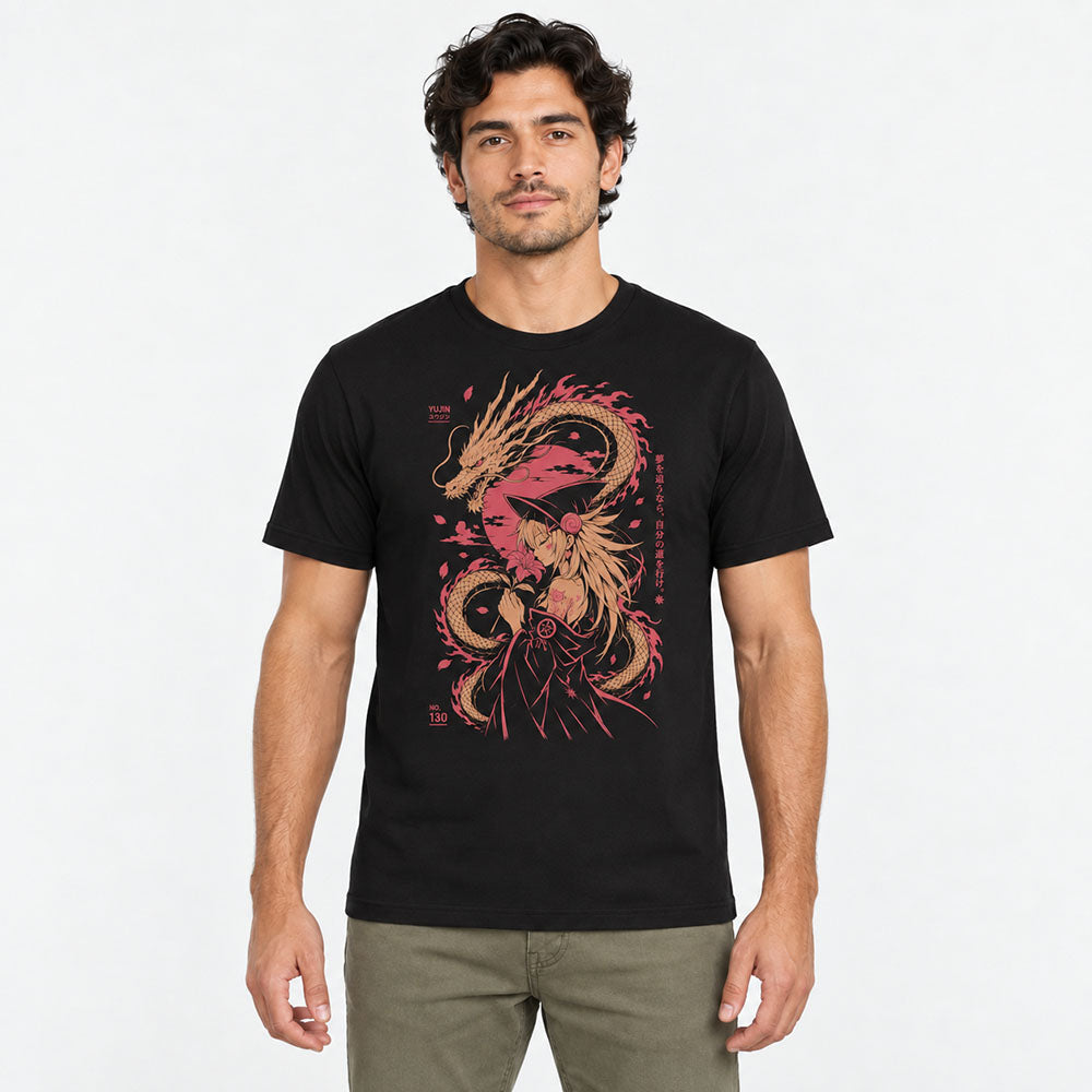 Male model wearing Moonlit Pact Dragon T-Shirt in Black