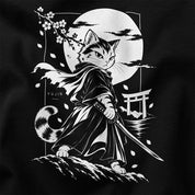Close-up of Moonlit Samurai Cat T-Shirt artwork on Black
