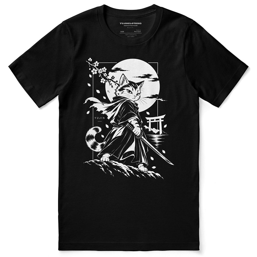 Moonlit Samurai Cat T-Shirt in Black - front flat lay