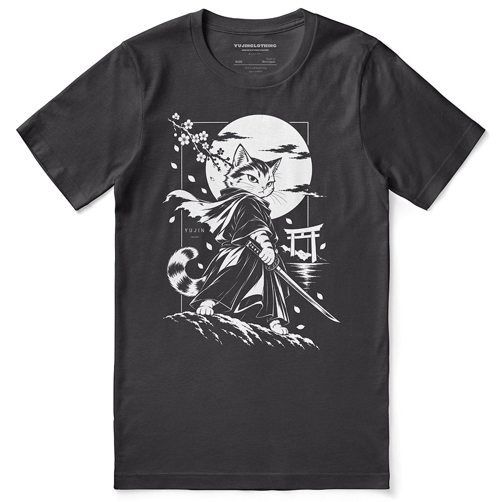Moonlit Samurai Cat T-Shirt in Dark Grey - front flat lay