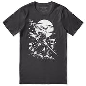 Moonlit Samurai Cat T-Shirt in Dark Grey - front flat lay