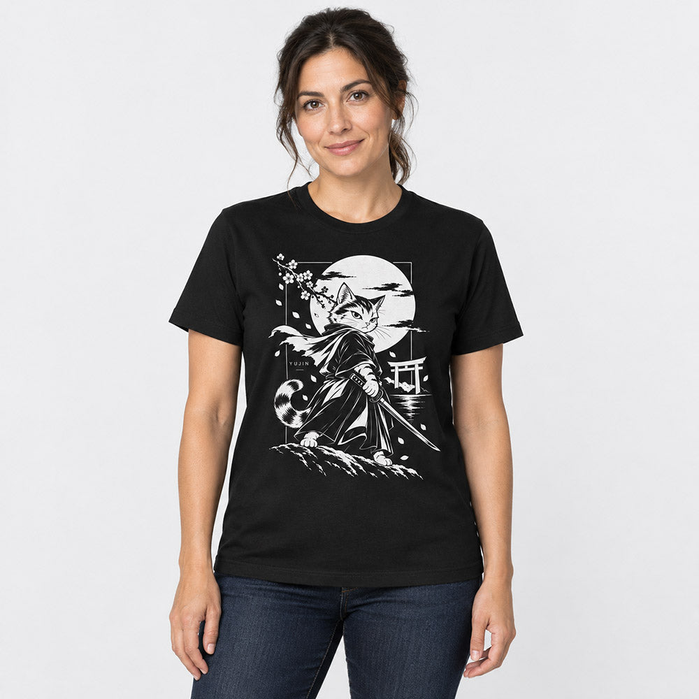 Female model wearing Moonlit Samurai Cat T-Shirt in Black