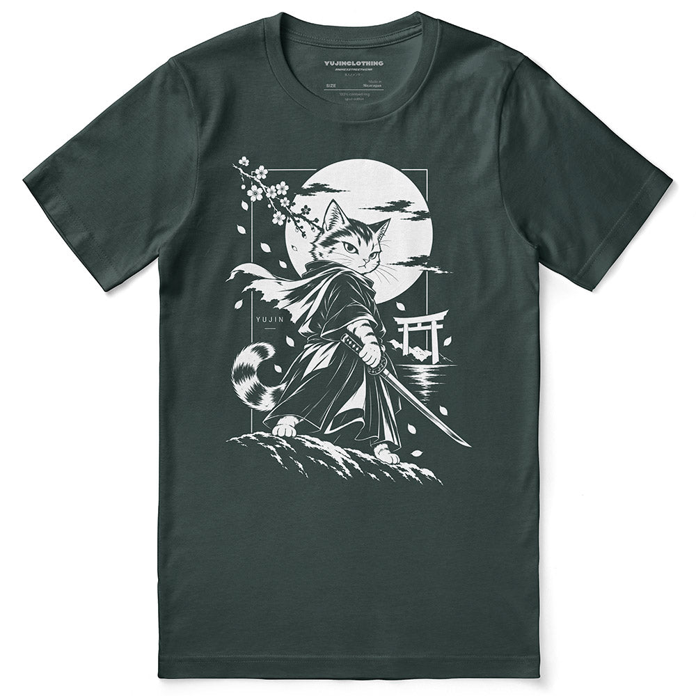 Moonlit Samurai Cat T-Shirt in Forest - front flat lay