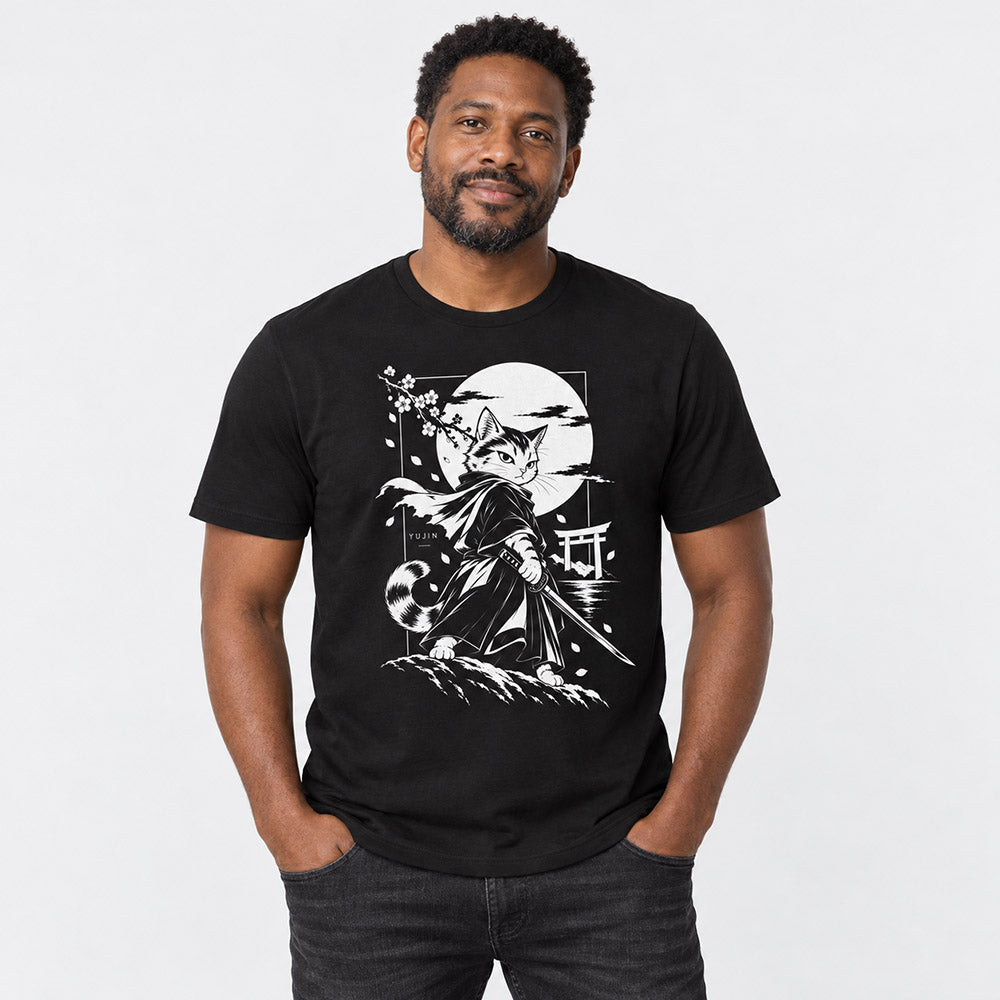 Male model wearing Moonlit Samurai Cat T-Shirt in Black