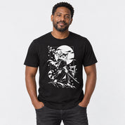 Male model wearing Moonlit Samurai Cat T-Shirt in Black