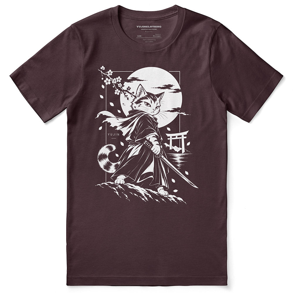 Moonlit Samurai Cat T-Shirt in Maroon - front flat lay
