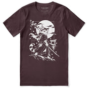Moonlit Samurai Cat T-Shirt in Maroon - front flat lay