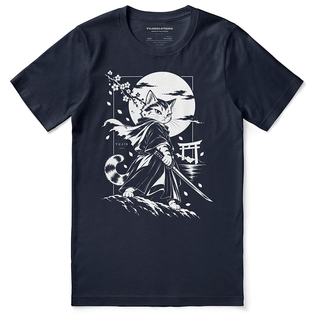 Moonlit Samurai Cat T-Shirt in Navy - front flat lay