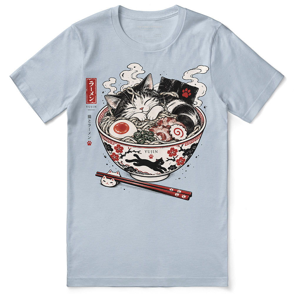 Nap First Noodles Later Cat T-Shirt — Light Blue flat lay