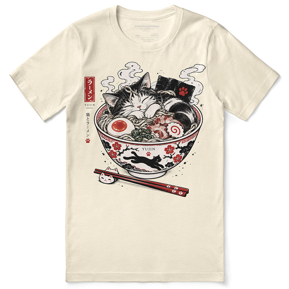 Nap First Noodles Later Cat T-Shirt — Natural flat lay