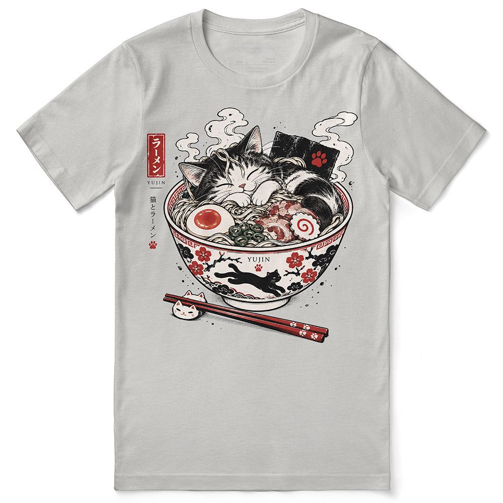 Nap First Noodles Later Cat T-Shirt — Silver flat lay