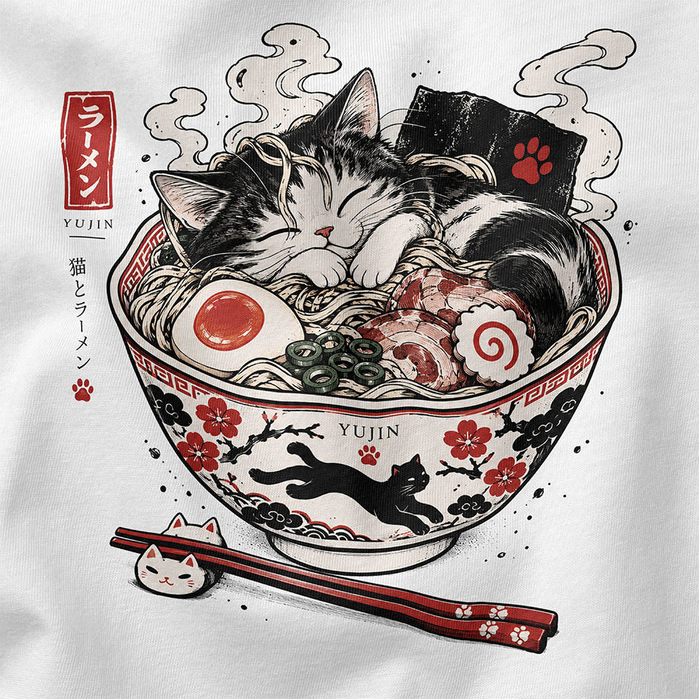 Nap First Noodles Later Cat T-Shirt — White fabric closeup
