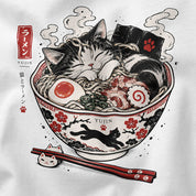 Nap First Noodles Later Cat T-Shirt — White fabric closeup