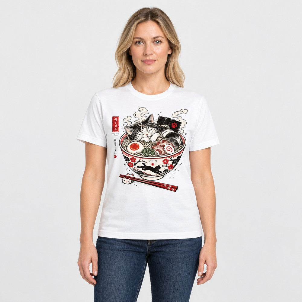 Nap First Noodles Later Cat T-Shirt — White female lifestyle