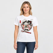 Nap First Noodles Later Cat T-Shirt — White female lifestyle