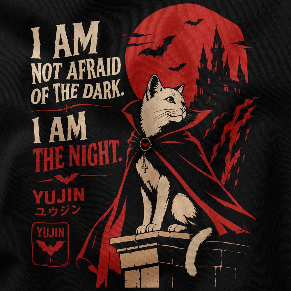 Night Sovereign Cat T-Shirt — black closeup